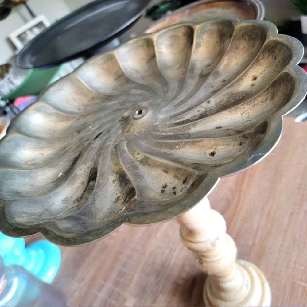 Vintage Silver Metal Tray/Aged Ivory Stand